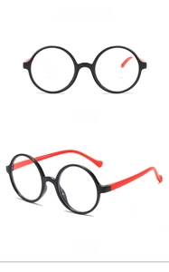 Front and side views of stylish round children's glasses with black frame and red temples