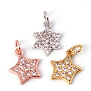 Three mini hexagon star charms in gold, silver, and rose gold with pavé cubic zirconia