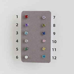 Twelve-color round cut birthstone stud earrings in silver-tone four-prong steel setting