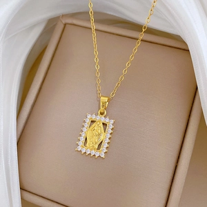 Gold stainless steel necklace with Virgin Mary frame pendant and sparkling crystals
