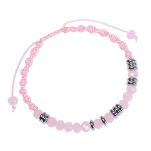 Detail of pink woven Morse code bracelet featuring faceted rose quartz and silver beads