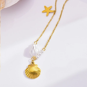 Golden ocean necklace featuring seashell, starfish charms and white baroque pearls