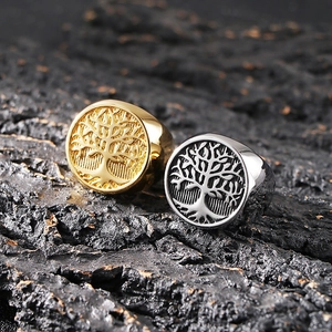 Tree Of Life Signet Ring Retro Stainless Steel Punk Style Jewelry For Men Vintage Circular Polished Band