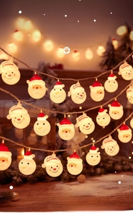Close-up of Santa Claus and snowman LED light string with warm festive glow