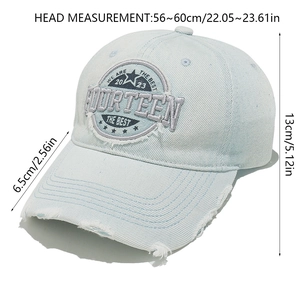 Detailed view of distressed denim baseball cap with FOURTEEN embroidery and size dimensions