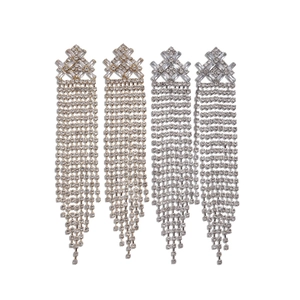 Elegant gold and silver geometric tassel earrings with rows of zircon gemstones