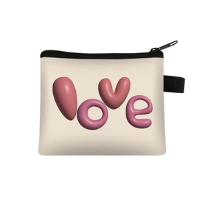 Close-up of the 3D printed pink Love lettering on the white small coin purse fabric
