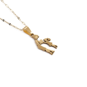 Golden titanium steel necklace with mother and children silhouette pendant on white background