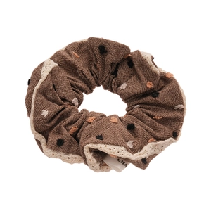 Brown linen scrunchie with colorful embroidery dots and white lace trim for high pony