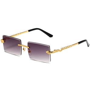 Rimless rectangular sunglasses with purple gradient lenses and gold snake-shaped temples