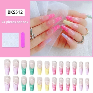 Detailed set of 24 long coffin press-on nails with colorful macaron cloud gradient designs