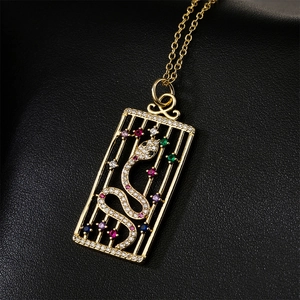 Copper Pendant Necklace 18K Gold Plated Colorful Cubic Zirconia Hollow Rectangular Cage Fashion Jewelry For Women