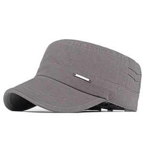 Detail of grey cotton cadet cap featuring a silver metal side bar and reinforced stitching
