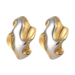 Abstract Geometric Fluid Wave Stainless Steel Earrings For Women Two Tone Gold Silver Bi Color Polished Fashion Studs