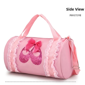 Pink ballet dance bag with lace trim, sequin ballet shoes, and polka dot bow detail