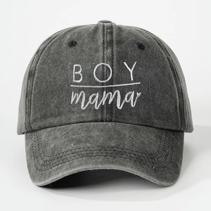Close-up of BOY mama white embroidery on washed grey denim cotton baseball cap