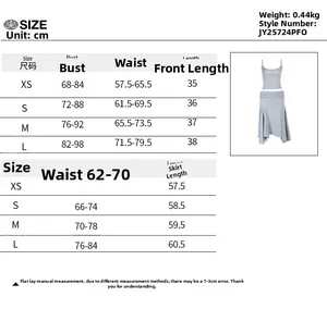 Detailed sizing chart for one-shoulder top and ruffled skirt set in various sizes