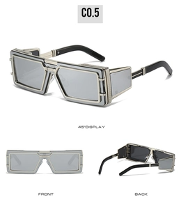 Three views of silver punk sunglasses with side shields and thick black temple tips