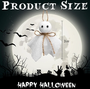 Detail showing 3-inch white plush Halloween ghost ornament with twine bow and size marking