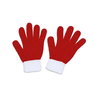 Detail view of red and white knitted five-finger gloves with elastic ribbed cuffs