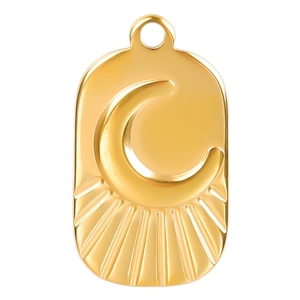 Golden stainless steel rectangular pendant featuring embossed moon and sun rays motifs