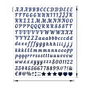 Detailed size chart for 0.5-inch glitter blue alphabet stickers with specific dimensions