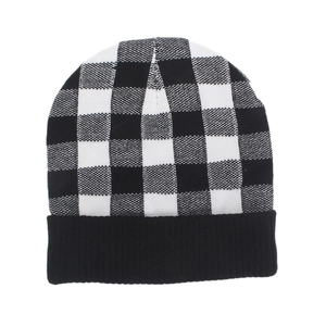 Classic black and white buffalo plaid knit beanie with a thick ribbed cuff for winter warmth