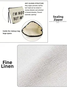 Detail of beige linen makeup bag showing non-slip alloy zipper and spacious inner texture