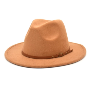Close-up of camel wool felt fedora featuring a slim brown leather belt and metal buckle