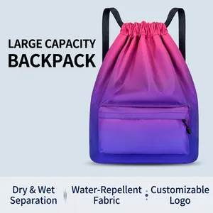 Nylon Drawstring Backpack Waterproof Large Capacity Gym Sackpack With Front Zipper Pocket For Sports Travel Unisex