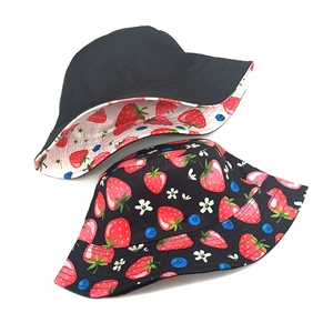Black and red strawberry print cotton sun bucket hat for outdoor sun protection