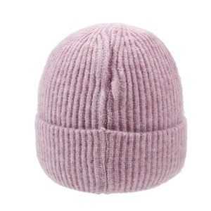 Pink ribbed knit beanie with fold-over cuff for warm winter wear in minimalist style