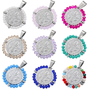 Grid view of St. Benedict medal bracelets in nine vibrant colors with silver beads