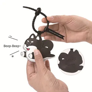 Cute black and white leather puppy keychain with sound function and black lanyard