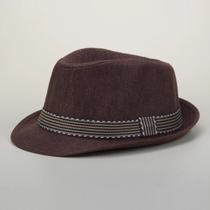 Classic dark brown straw jazz hat with striped ribbon band for outdoor sun protection