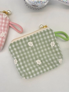 Porte-monnaie en dentelle brodée à carreaux rose et vert avec perles sur la fermeture
