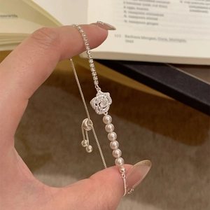 Elegant Korean style pearl bracelet with zircon rose pendant and adjustable silver chain