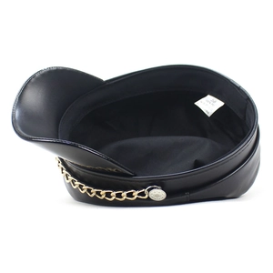 Fashionable black PU leather military cap for women with gold chain detail and size 58 label