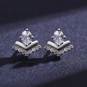 Elegant S925 sterling silver crown earrings with oval crystal and V-shaped pave accents