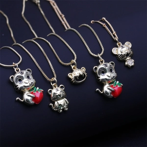 Cartoon Tiger Pendant Necklace Copper Gold Plated Cubic Zirconia Enamel Animal Jewelry Gift For Women Girls
