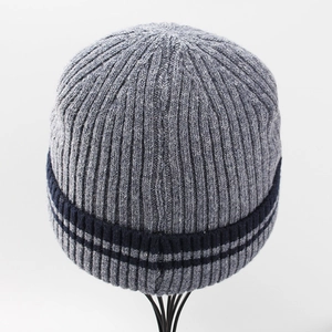 Grey ribbed knit beanie for men with navy blue double stripes and warm fleece lining