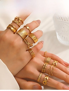 Detail shot of stacked 18K gold plated geometric open rings with textured finishes