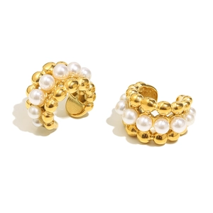 Minimalist 18K gold plated stainless steel ear cuffs featuring white faux pearls