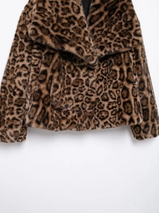 Close-up of leopard print faux fur texture and lapel design on short coat jacket