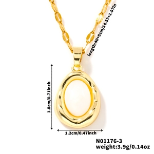 Detailed view of oval egg-shaped pendant necklace with product dimensions and weight