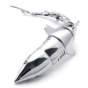 Polished stainless steel shark bracelet with movable joints and punk style aesthetic