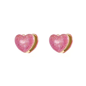Pink glitter heart earrings in stainless steel with golden metal trim for women