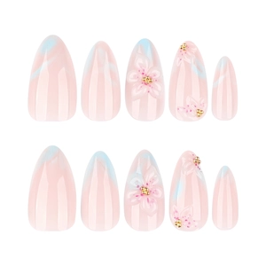 Faux ongles 3D à fleurs forme amande avec design marbré rose et bleu doux