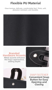 Detailed macro view of black PU leather texture and silver snap fastener on card holder
