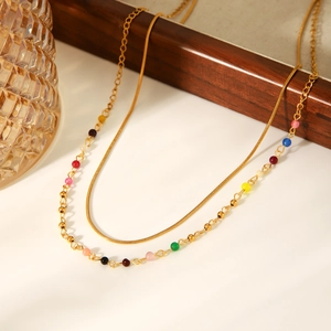 French double-layer gold snake chain necklace with colorful beads and adjustable clasp